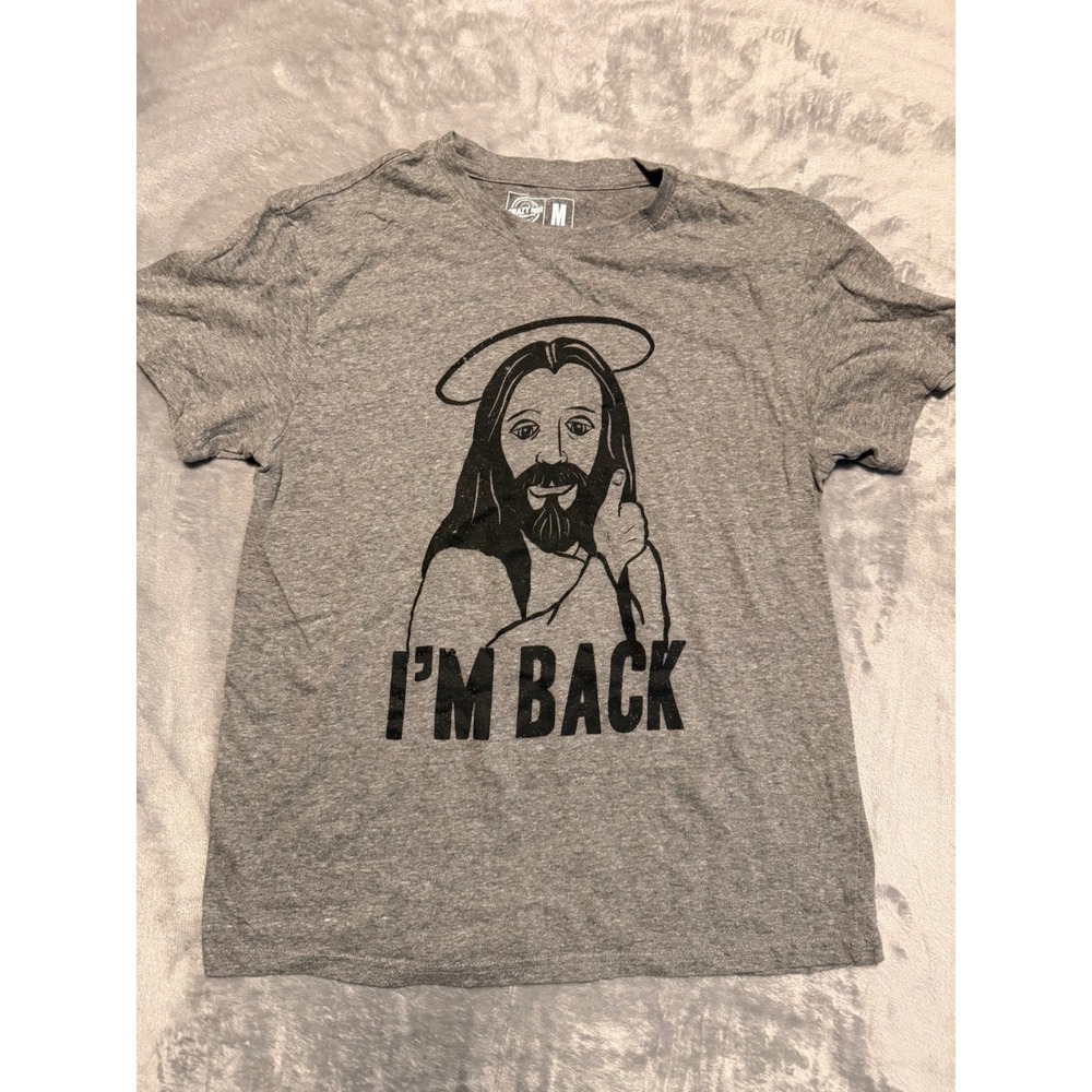 Crazy Dog T-Shirt Men M Gray I'm Back Jesus Graphic Humor Tee Short Sleeve